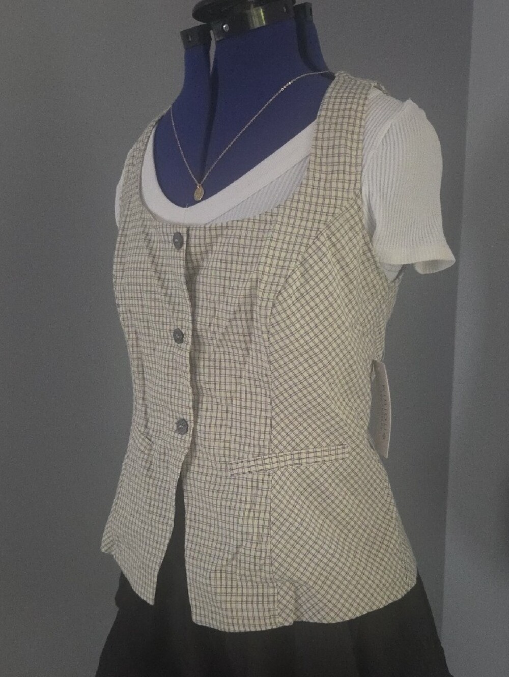 Plaid Sleeveless Button-Front Vest - Cream & Black - Picture 2 of 5